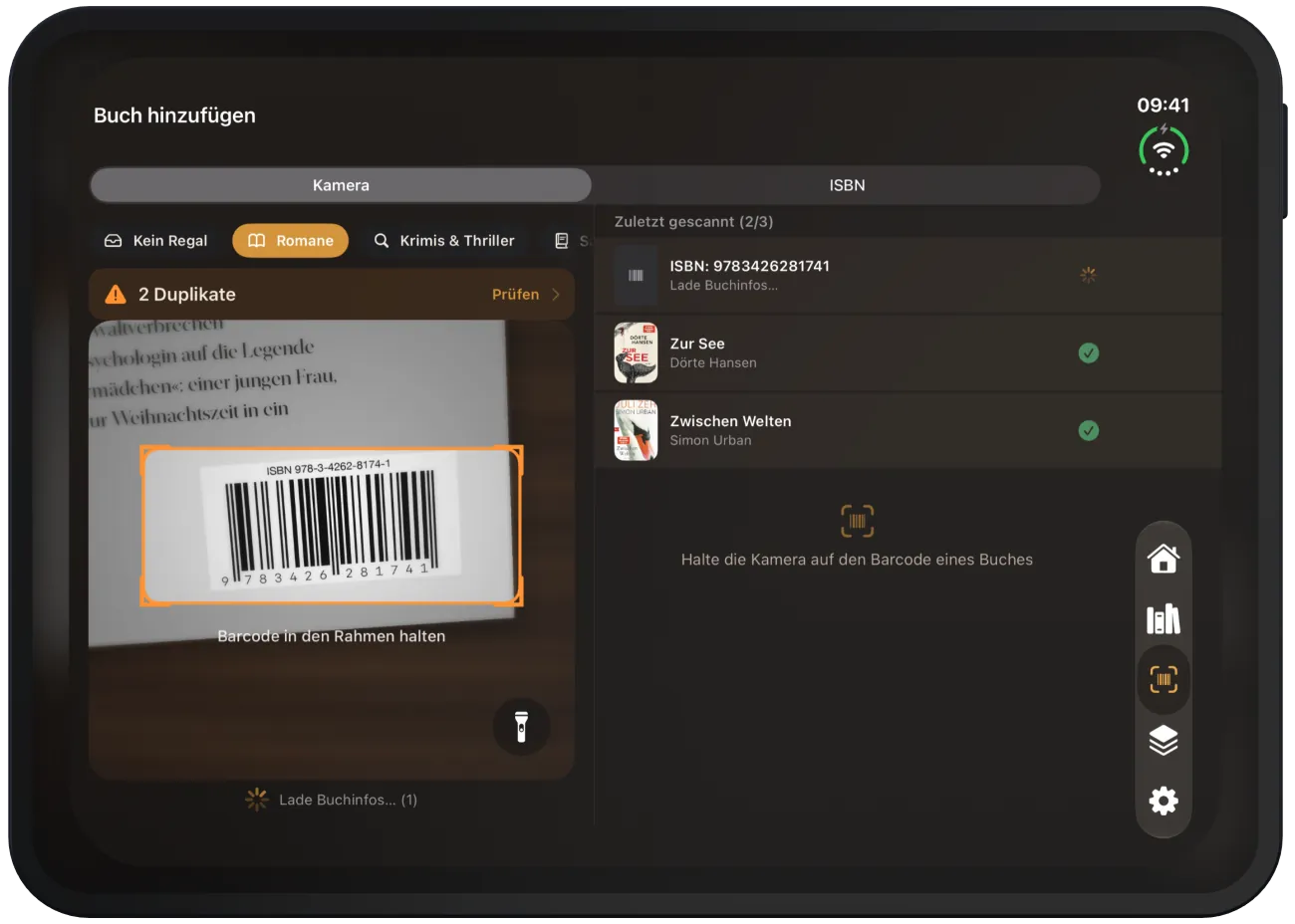 Scanner mit Liste der zuletzt gescannten Bücher