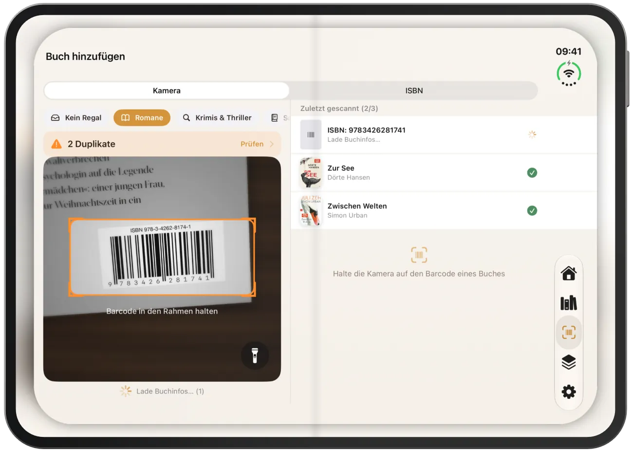 Scanner mit Liste der zuletzt gescannten Bücher