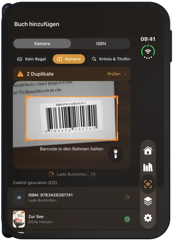 Scanner mit Liste der zuletzt gescannten Bücher