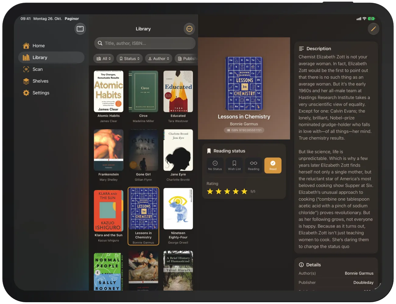 Bibliothèque avec détails du livre