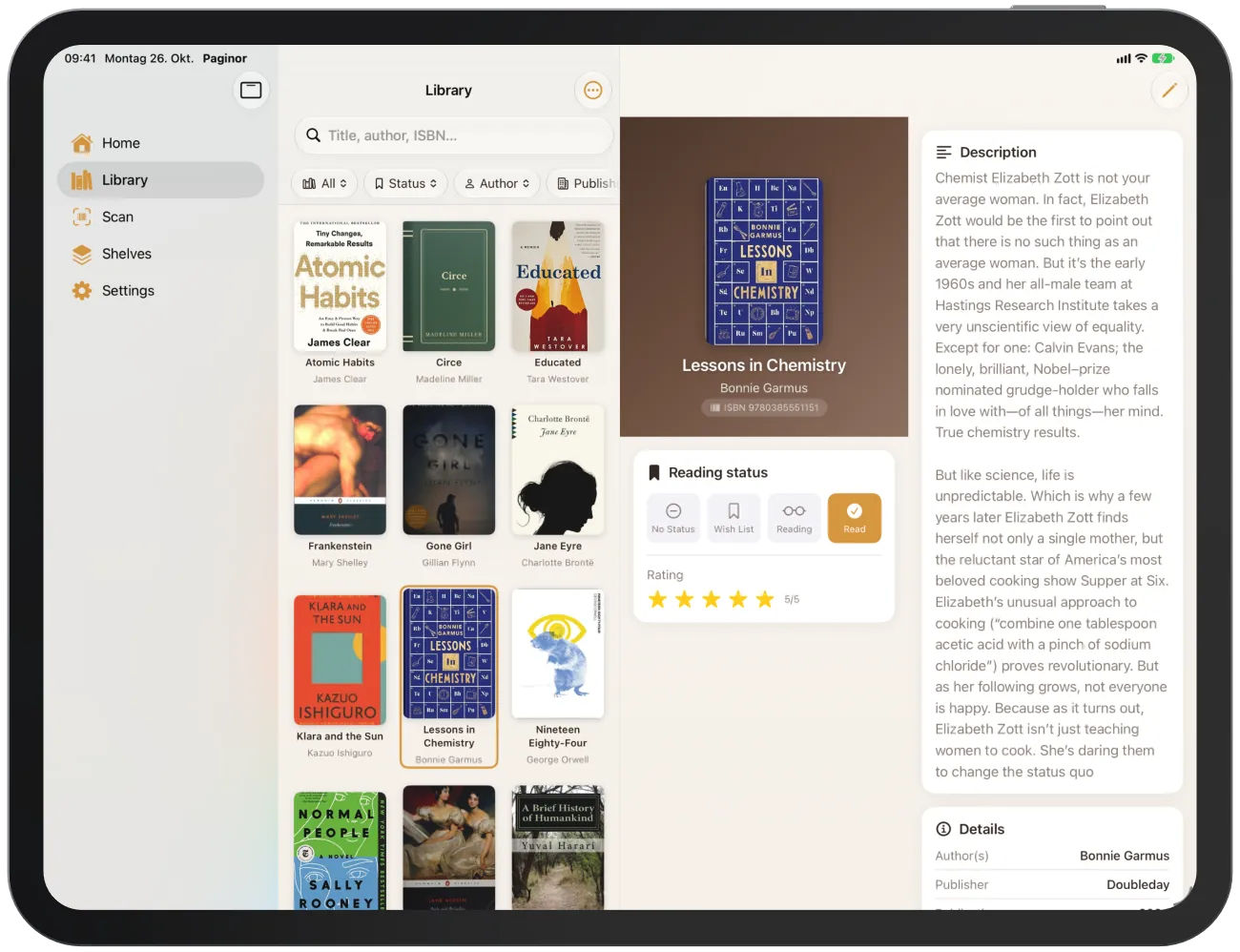 Bibliothèque avec détails du livre