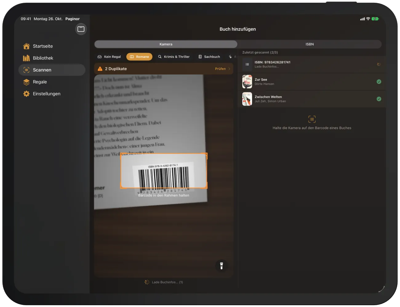 Scanner mit Liste der zuletzt gescannten Bücher