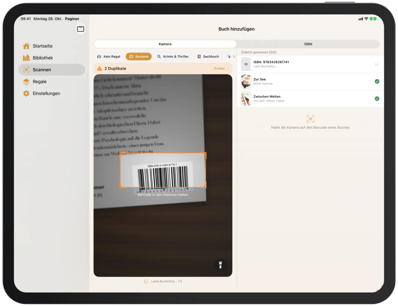 Scanner mit Liste der zuletzt gescannten Bücher