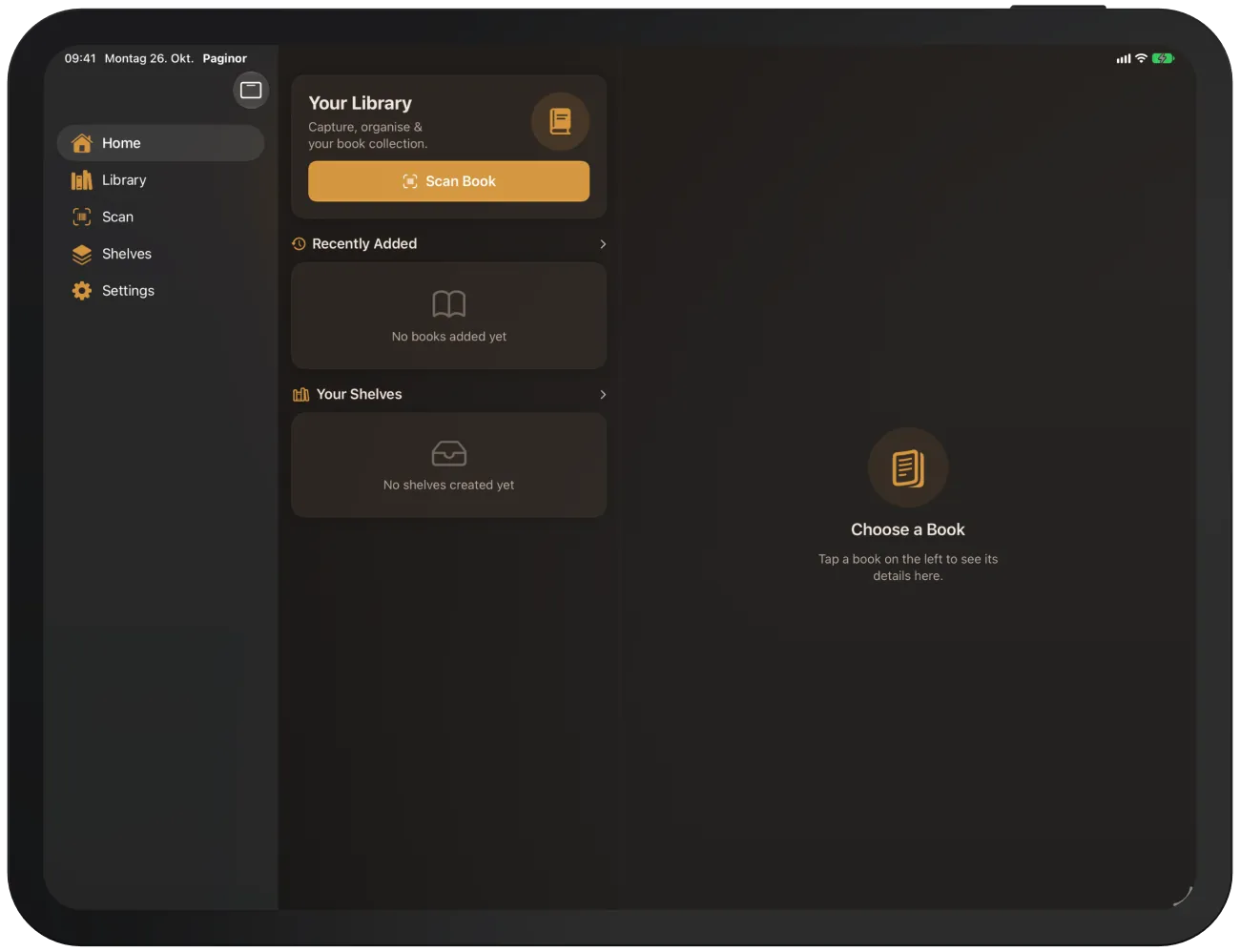 Pantalla de inicio sin libros ni estantes