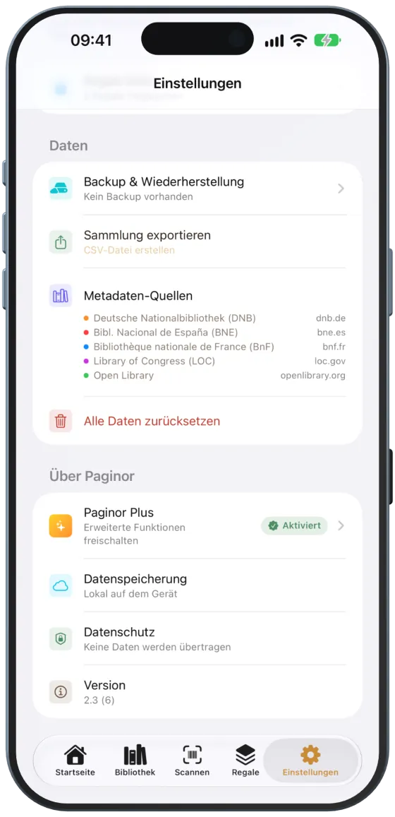 Metadaten-Quellen in den Einstellungen
