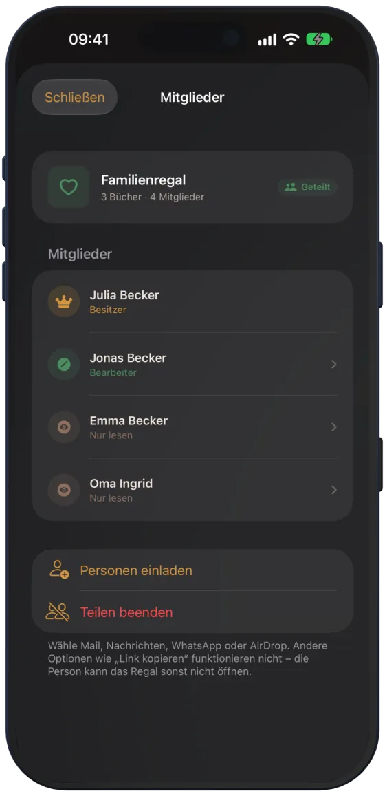 Mitglieder eines geteilten Regals