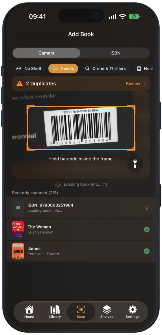 Escáner con la lista de libros escaneados recientemente