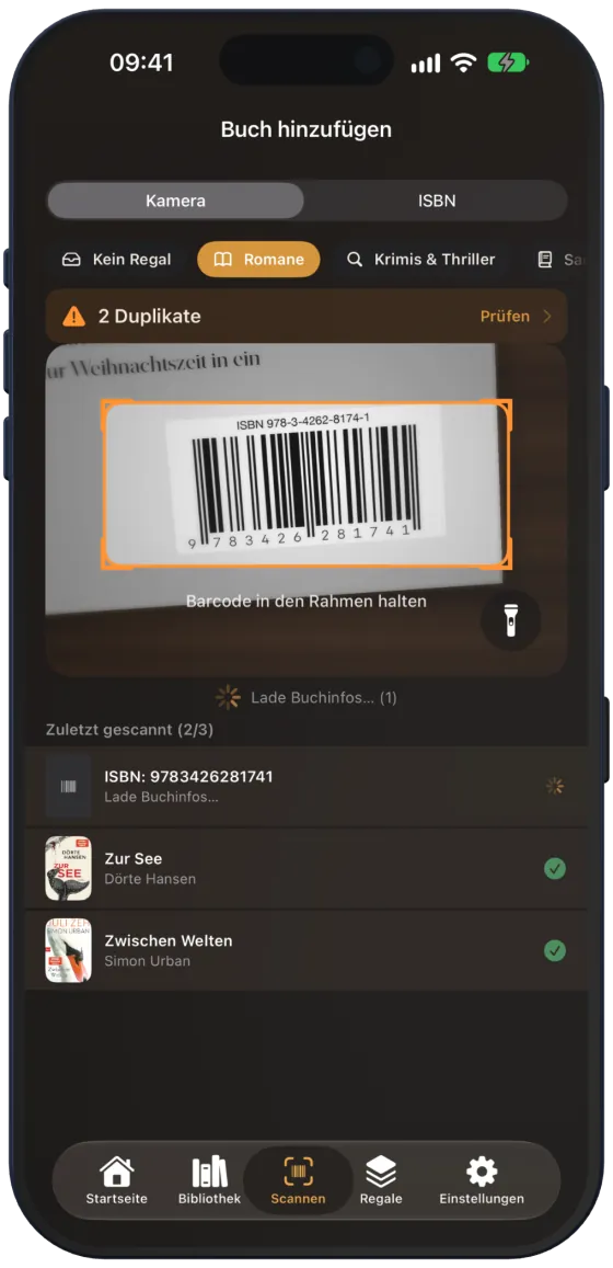 Scanner mit Liste der zuletzt gescannten Bücher
