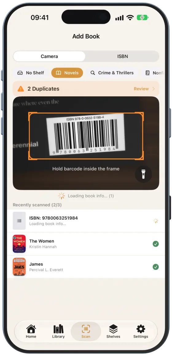 Escáner con la lista de libros escaneados recientemente