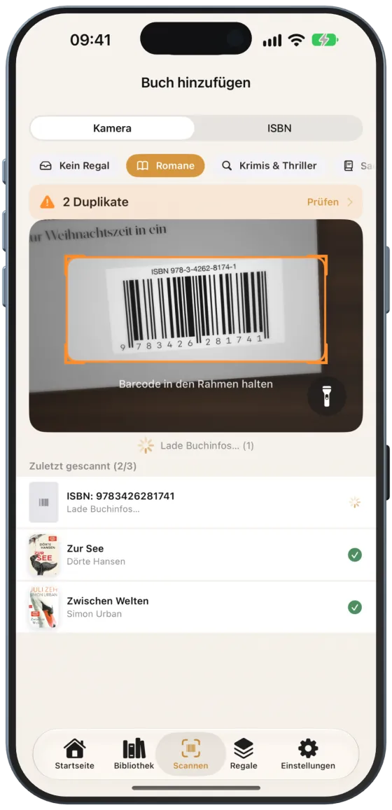 Scanner mit Liste der zuletzt gescannten Bücher
