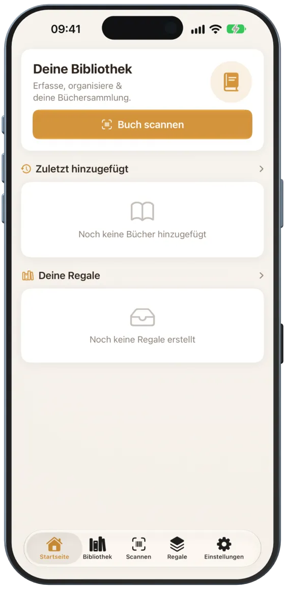 Startseite ohne Bücher und Regale