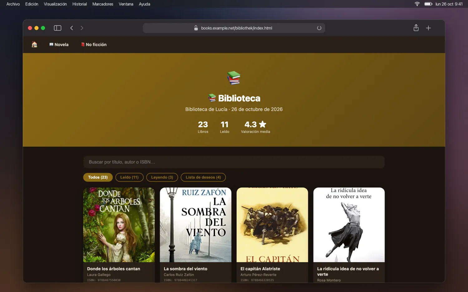 Página de resumen de la biblioteca