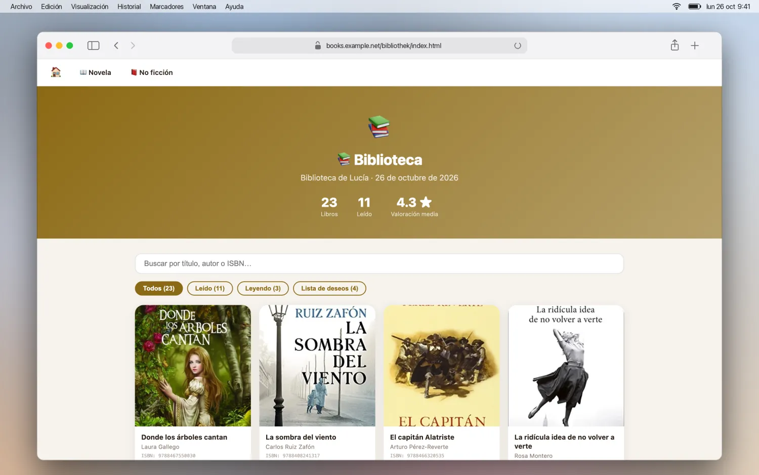 Página de resumen de la biblioteca
