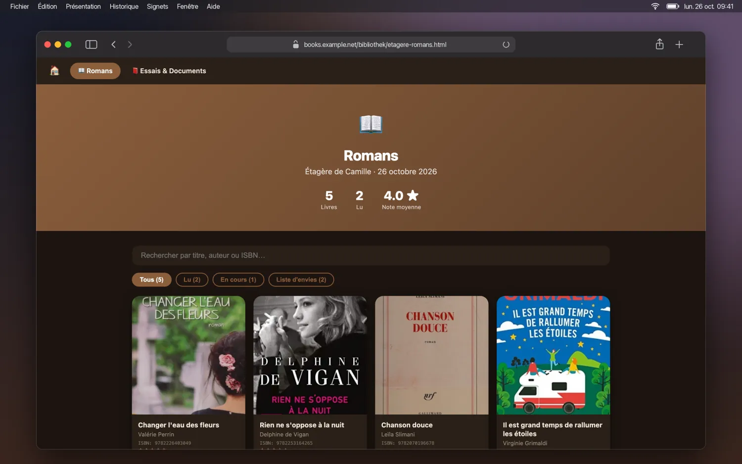 Page d’une étagère avec navigation