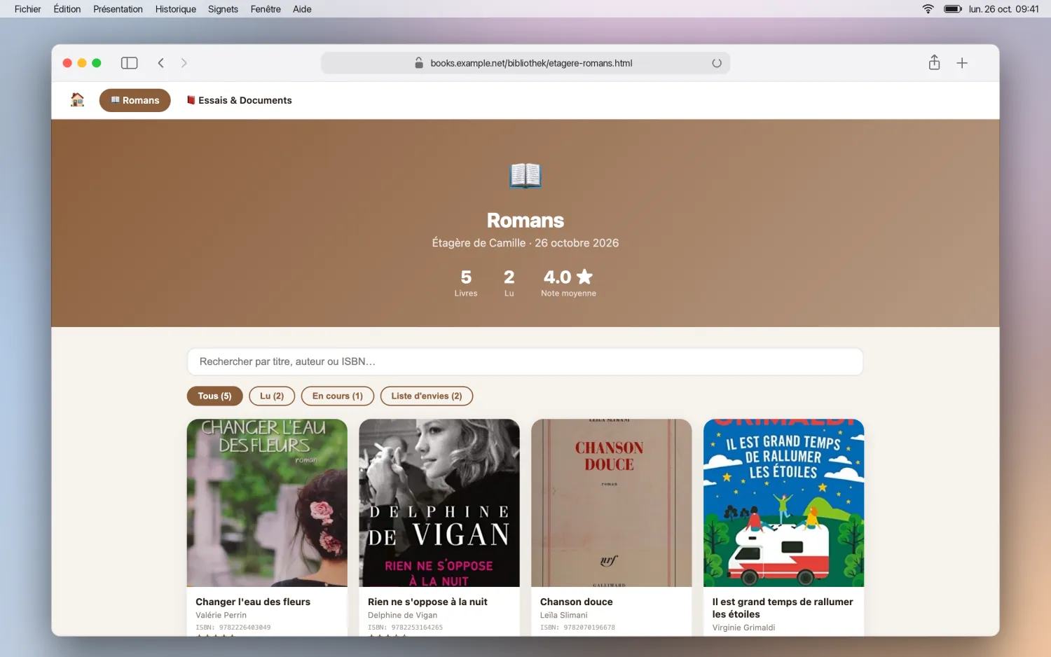 Page d’une étagère avec navigation