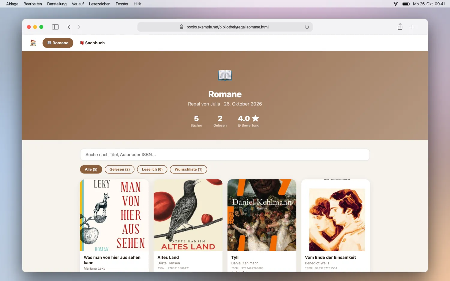 Seite eines Regals mit Navigation